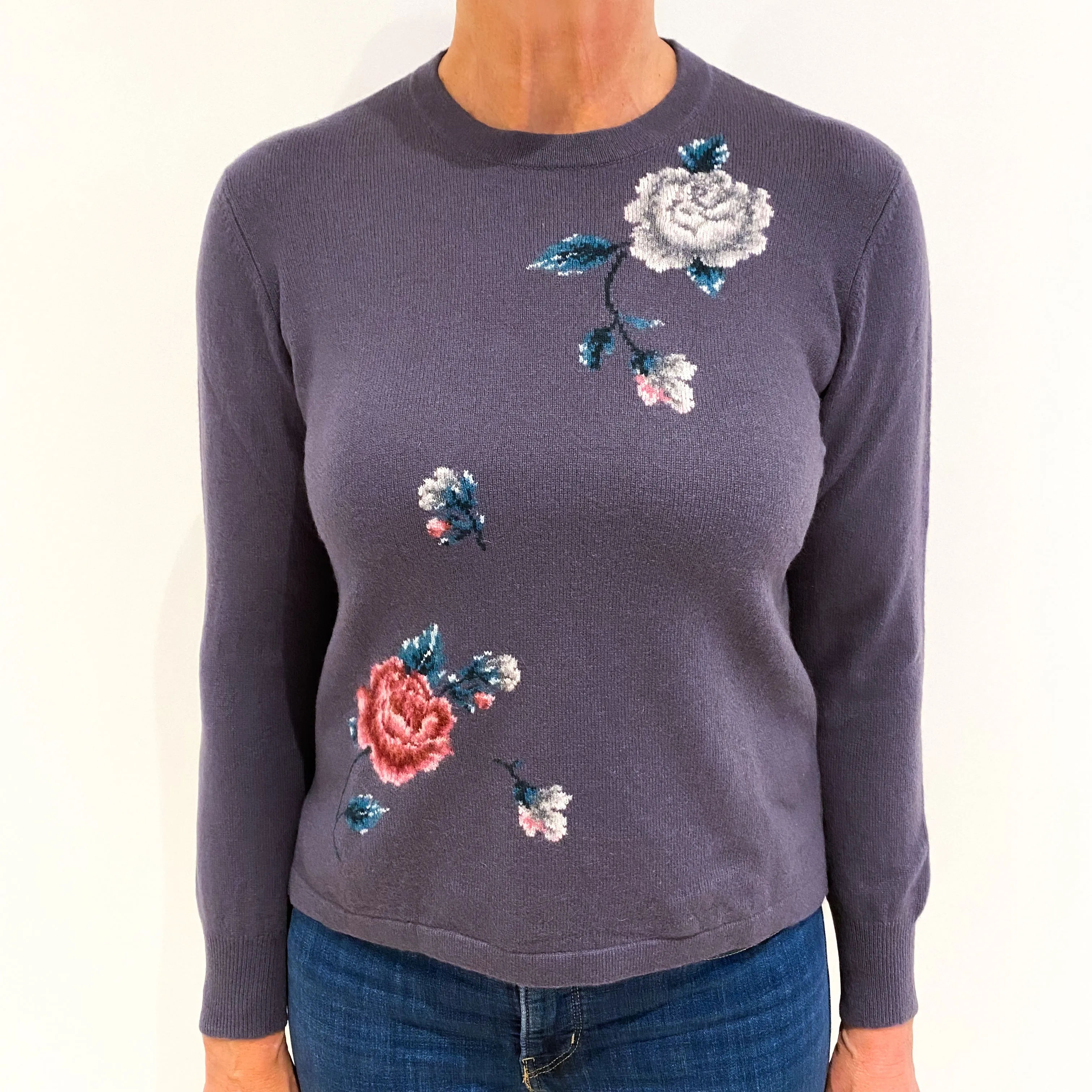 Slate Purple Floral Cashmere Crew Neck Jumper Medium