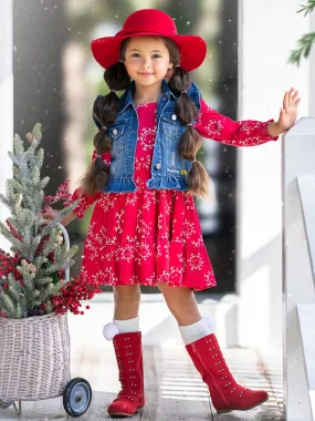 SmileyWorld Happy Snowflake Denim Vest and Dress Set