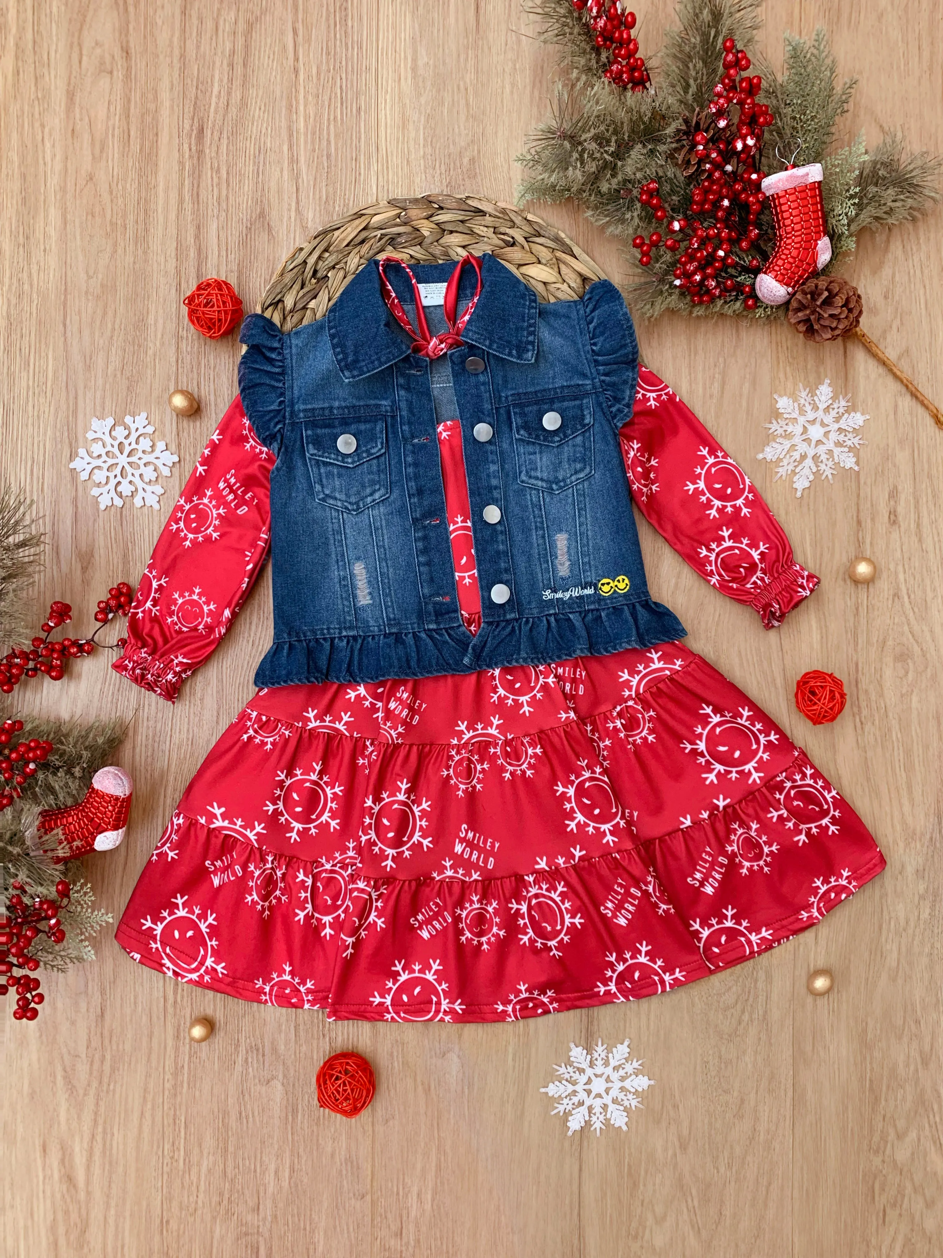 SmileyWorld Happy Snowflake Denim Vest and Dress Set