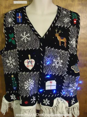 Snowflakes Light Up Ugly Xmas Sweater Vest with Fringe