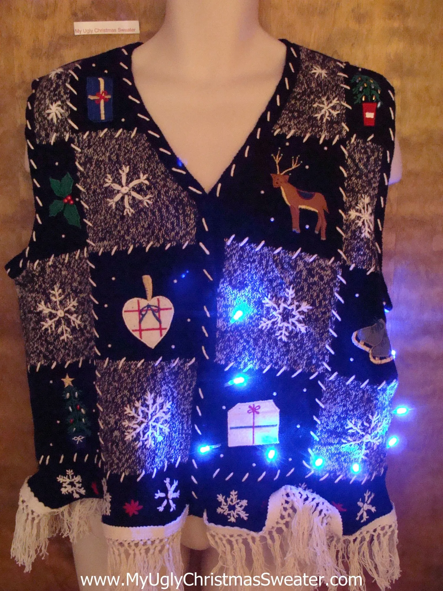 Snowflakes Light Up Ugly Xmas Sweater Vest with Fringe