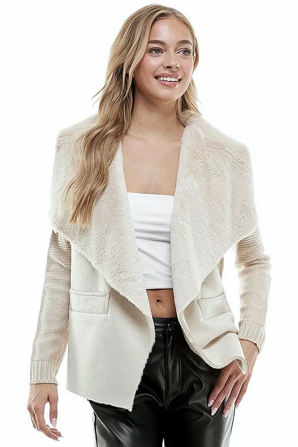 Soft Knit Faux Fur   Suede Cardigan
