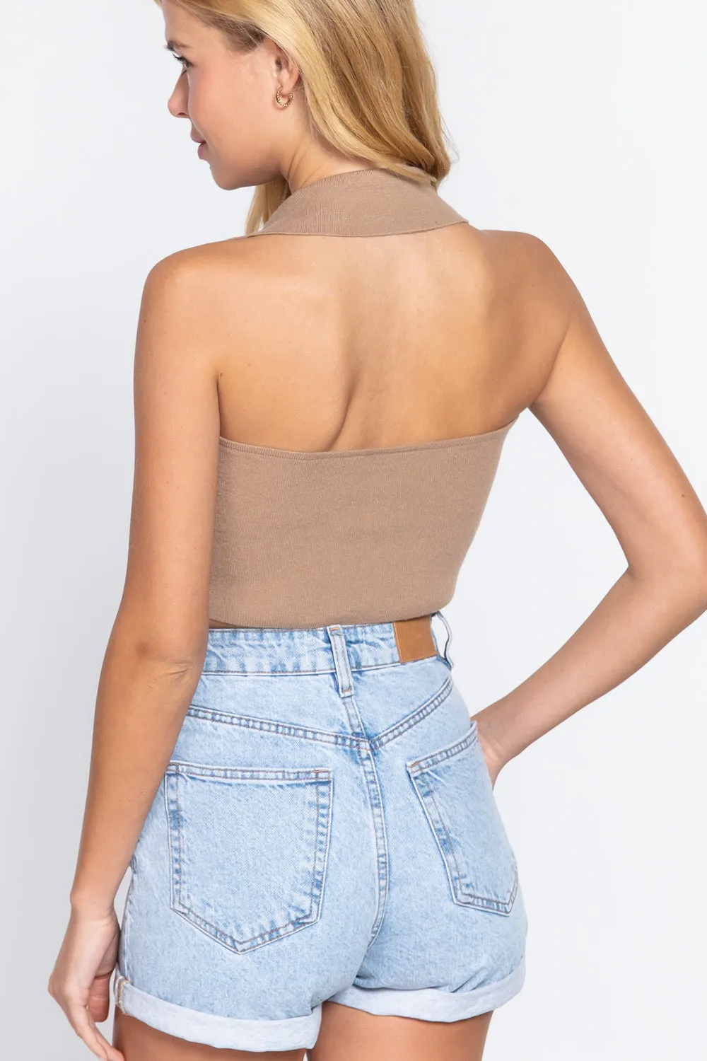 Solid Halter Neck Ruched Cropped Sweater Knit Top