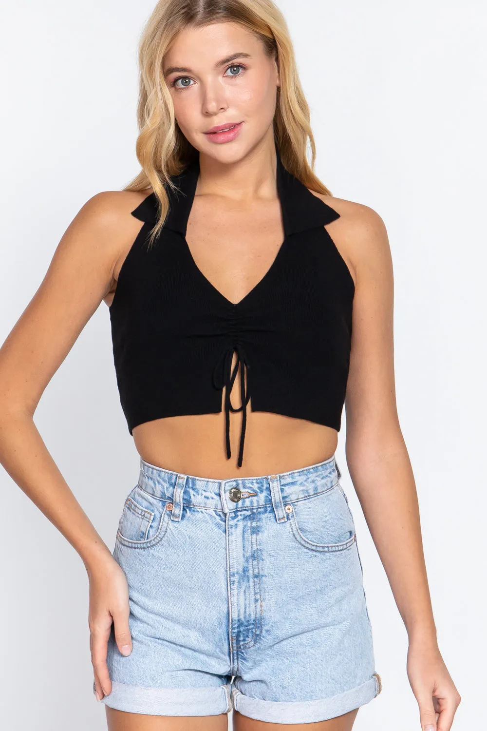 Solid Halter Neck Ruched Cropped Sweater Knit Top