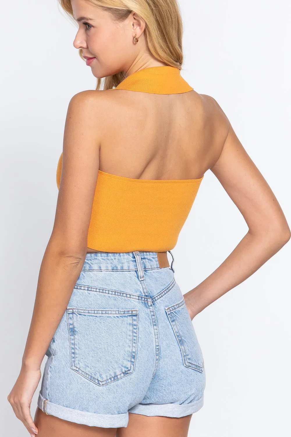 Solid Halter Neck Ruched Cropped Sweater Knit Top