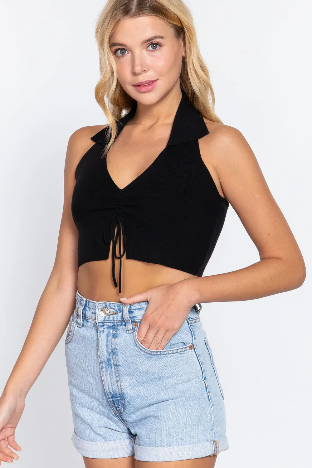 Solid Halter Neck Ruched Cropped Sweater Knit Top