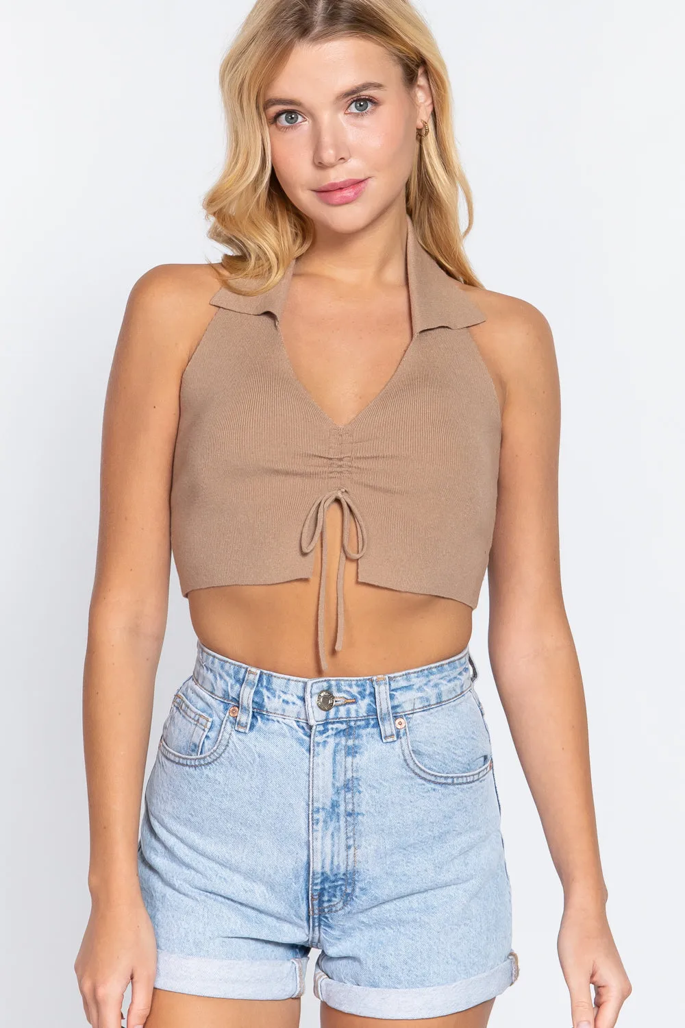 Solid Halter Neck Ruched Cropped Sweater Knit Top