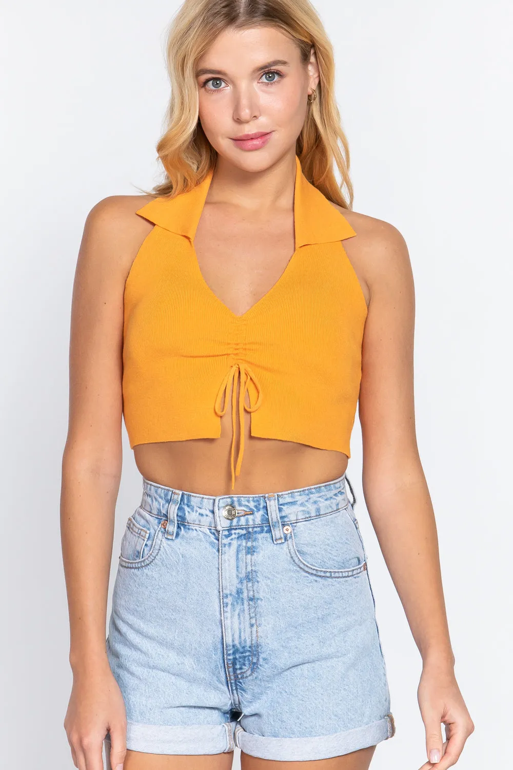 Solid Halter Neck Ruched Cropped Sweater Knit Top