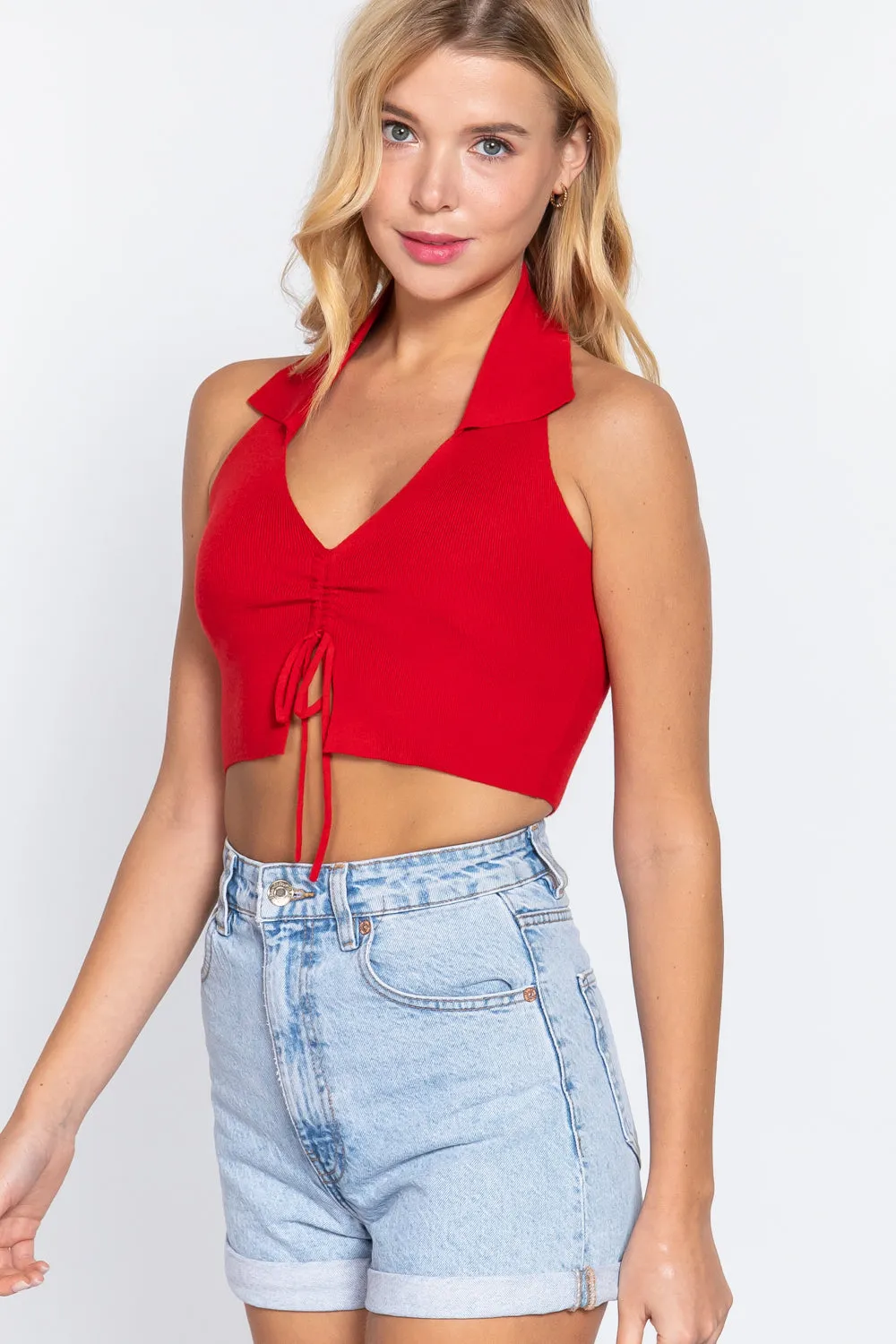 Solid Halter Neck Ruched Cropped Sweater Knit Top