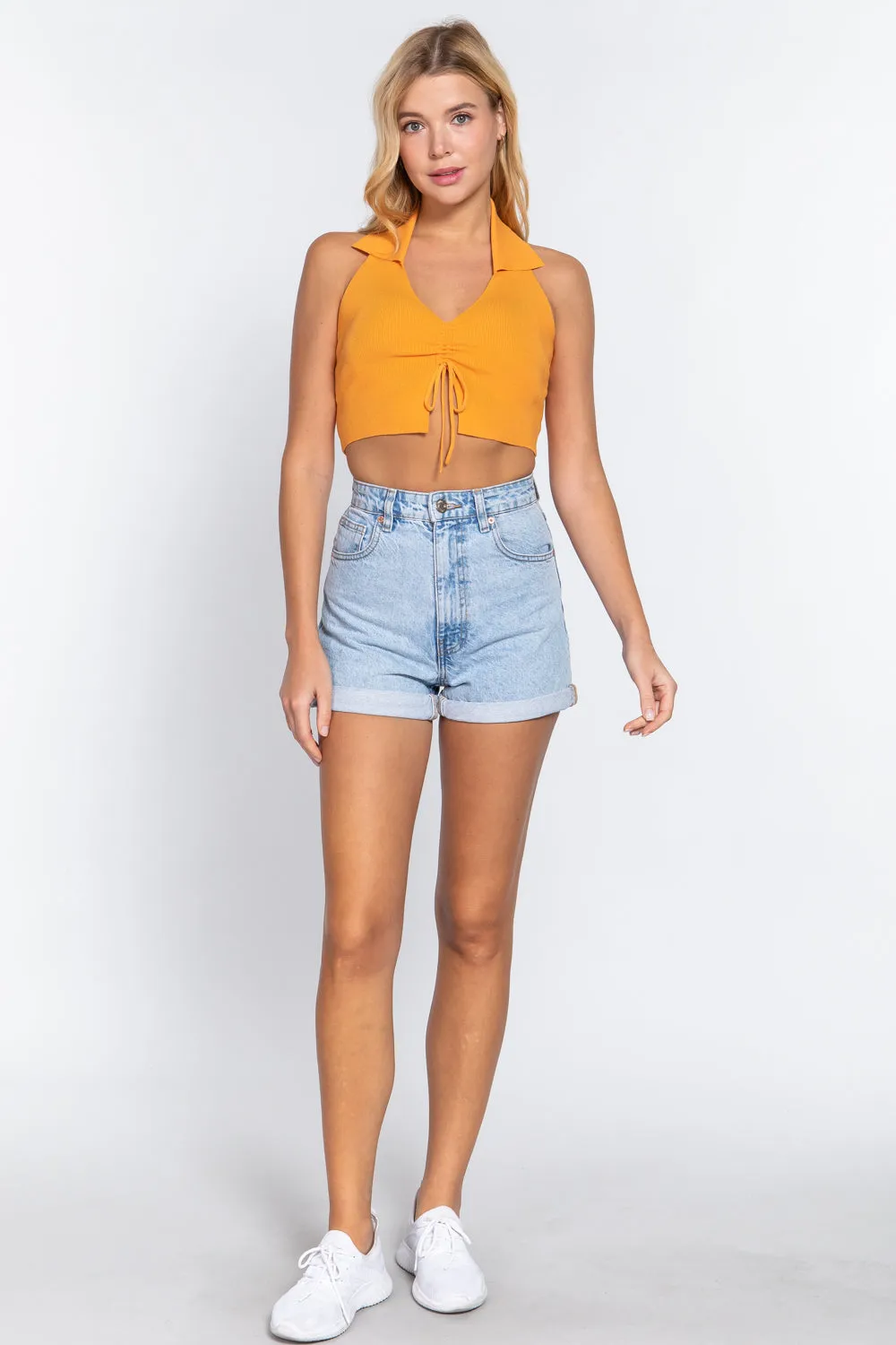 Solid Halter Neck Ruched Cropped Sweater Knit Top