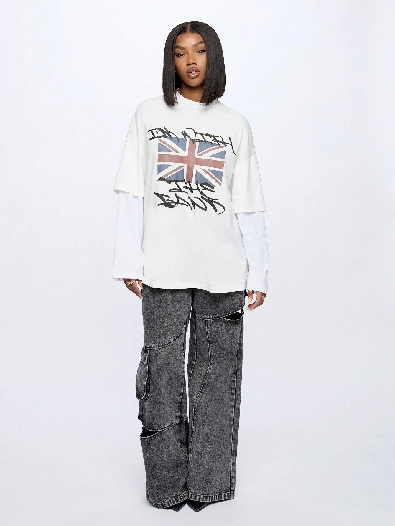 SUMWON WOMEN Double Layer Grunge Graphic Print T-Shirt