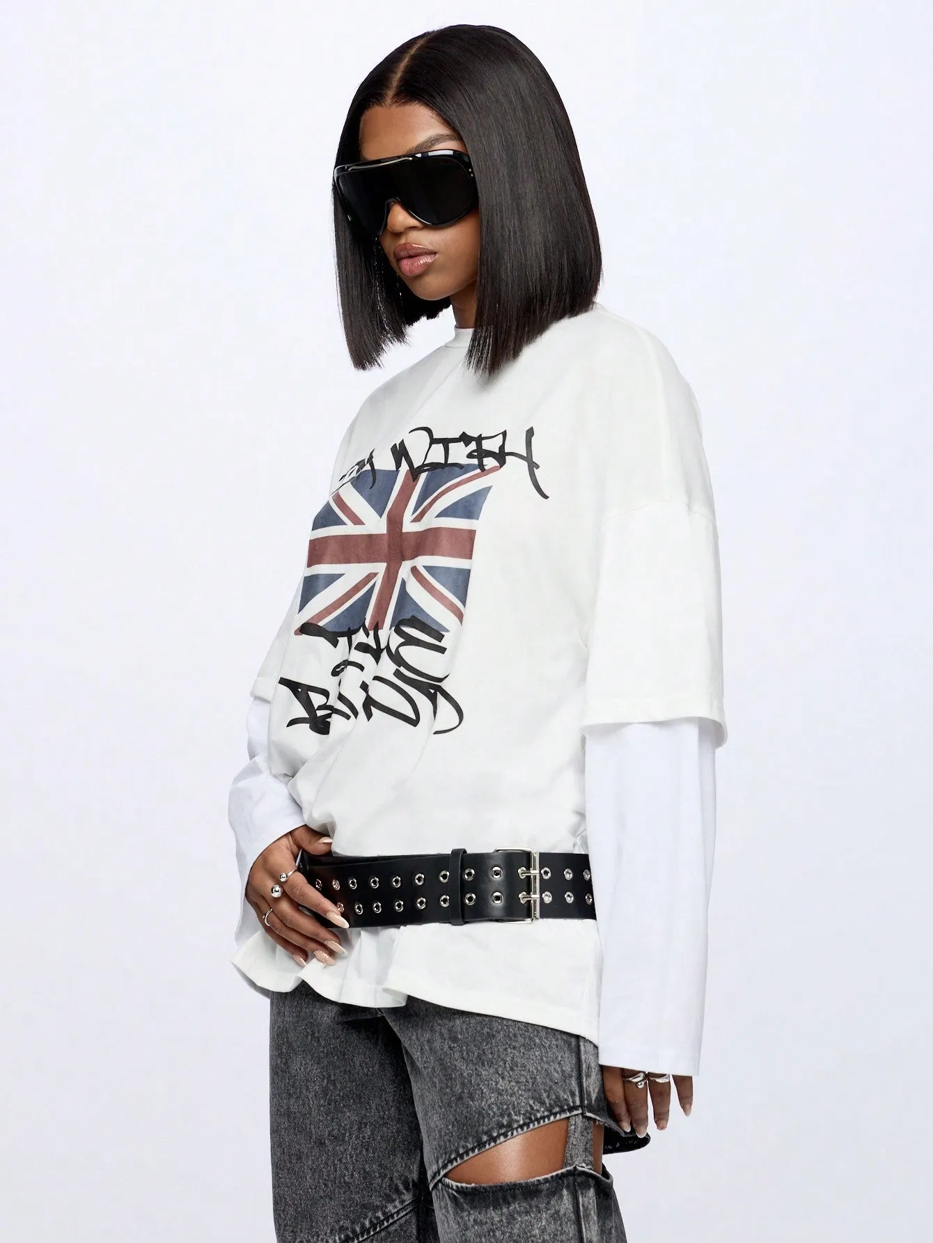 SUMWON WOMEN Double Layer Grunge Graphic Print T-Shirt