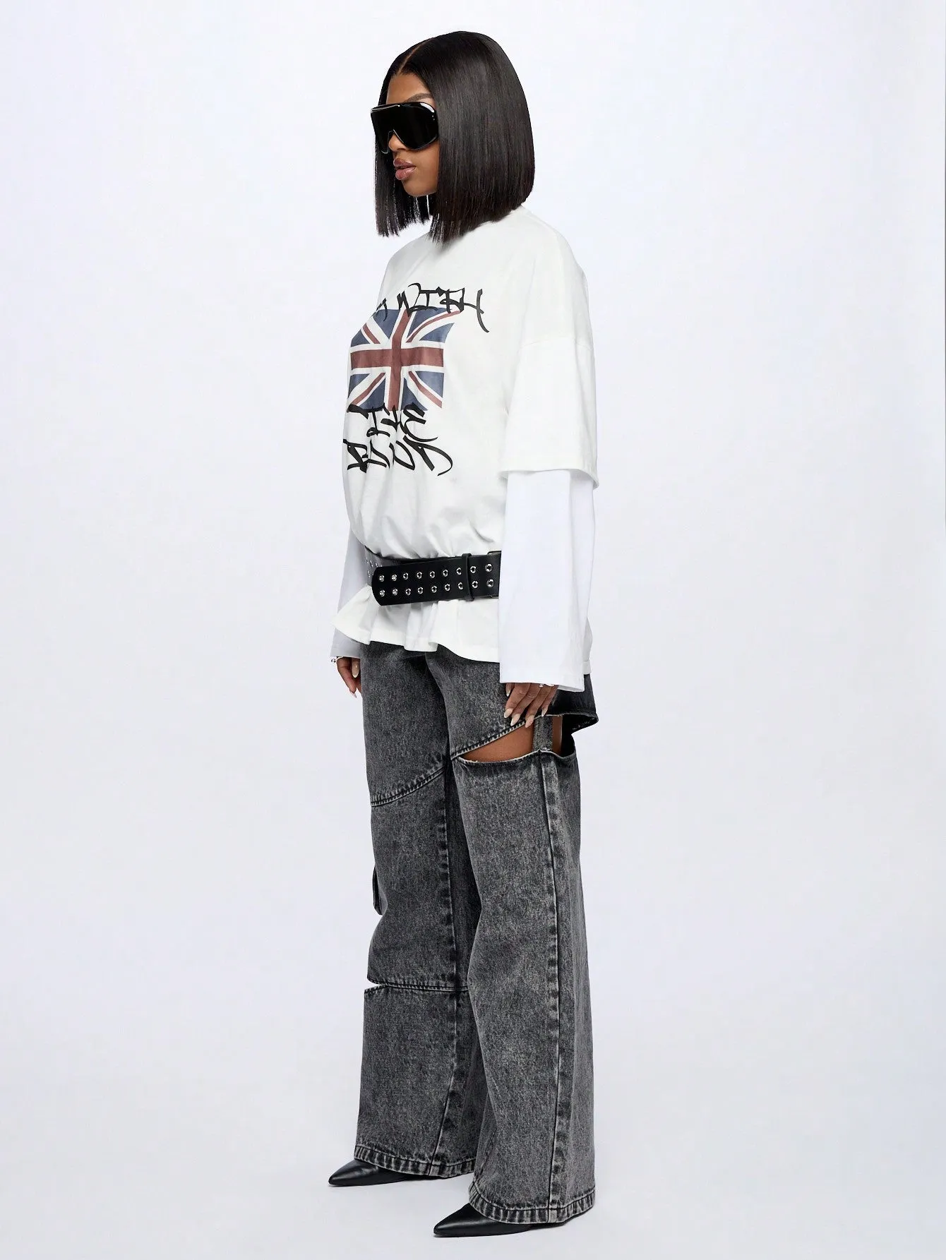 SUMWON WOMEN Double Layer Grunge Graphic Print T-Shirt