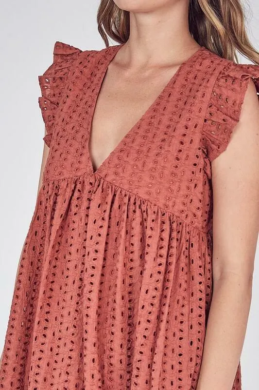 Sweet Caroline Rust Eyelet Romper Dress