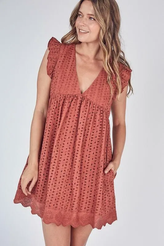 Sweet Caroline Rust Eyelet Romper Dress