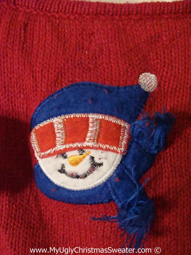 Tacky Christmas Sweater Party Ugly Sweater Vest with Festive Carrot Nosed Snowman Family with 3D yarn Scarfs (f920)