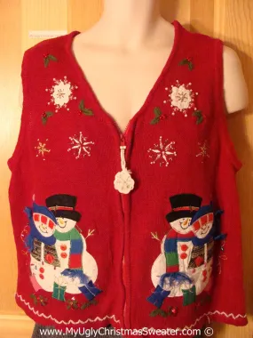 Tacky Christmas Sweater Party Ugly Sweater Vest with Festive Carrot Nosed Snowman Family with 3D yarn Scarfs (f920)