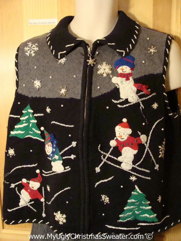 Tacky Christmas Sweater Party Ugly Sweater Vest with Skiing Snowmen in a Winter Wonderland (f830)