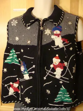 Tacky Christmas Sweater Party Ugly Sweater Vest with Skiing Snowmen in a Winter Wonderland (f830)