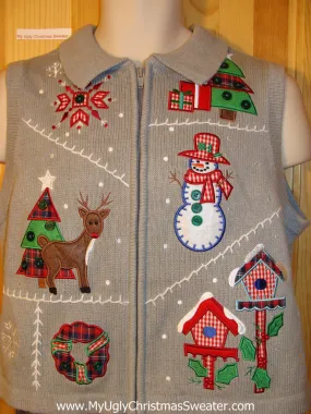 Tacky Plaid and Checkerboard Theme Ugly Christmas Sweater Vest with Reindeer, Snowman, and Birdhouses (f704)