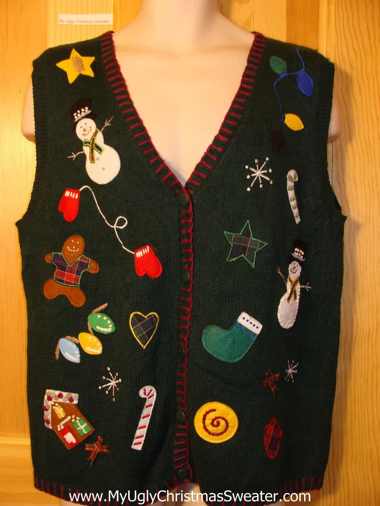 Tacky Ugly Christmas Sweater Vest with Random Decorations Including Gingerbread Man, Candy Cane, Stocking, Snowman and Snowflake  (f394)