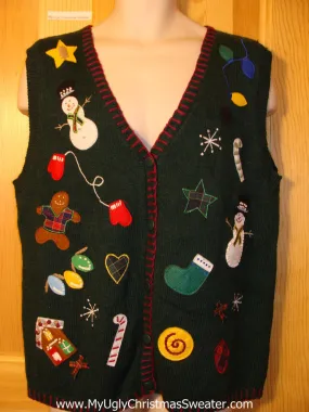 Tacky Ugly Christmas Sweater Vest with Random Decorations Including Gingerbread Man, Candy Cane, Stocking, Snowman and Snowflake  (f394)