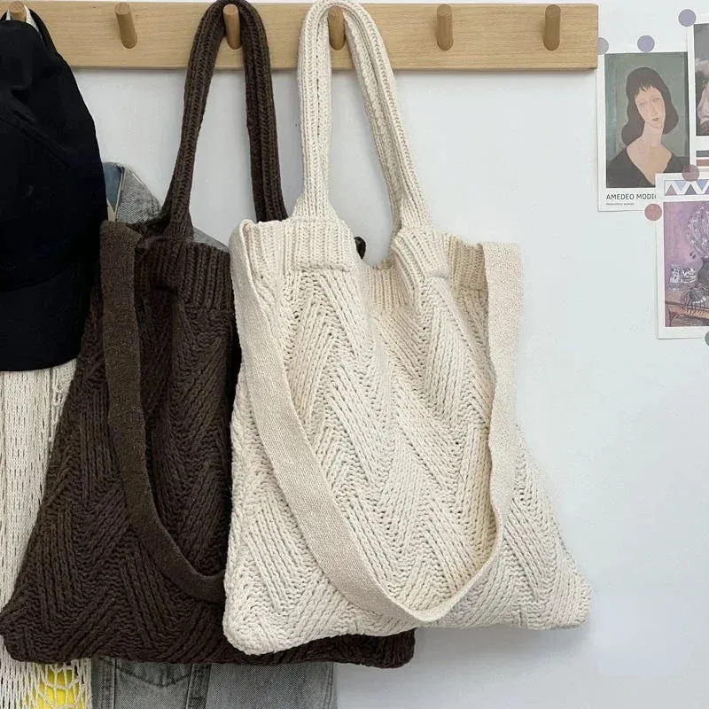 TAVIMART  -  Grunge Vintage Knitted Solid Shoulder Bag Simple All Match Y2k Aesthetic Tote  Japanese Cute High-capacity Crossbody Handbags