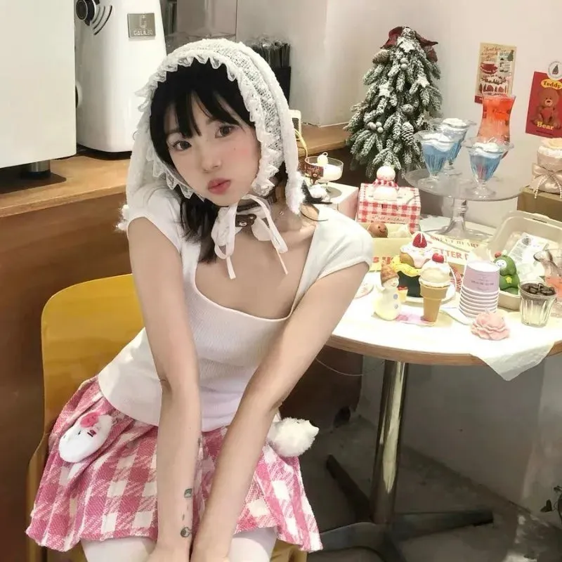 TAVIMART  -  Korean Version Niche White Rabbit Ear Knitted Hat Women Summer Thin Sweet Cute Girl Snowflake Decorative Lace Headscarf Hats