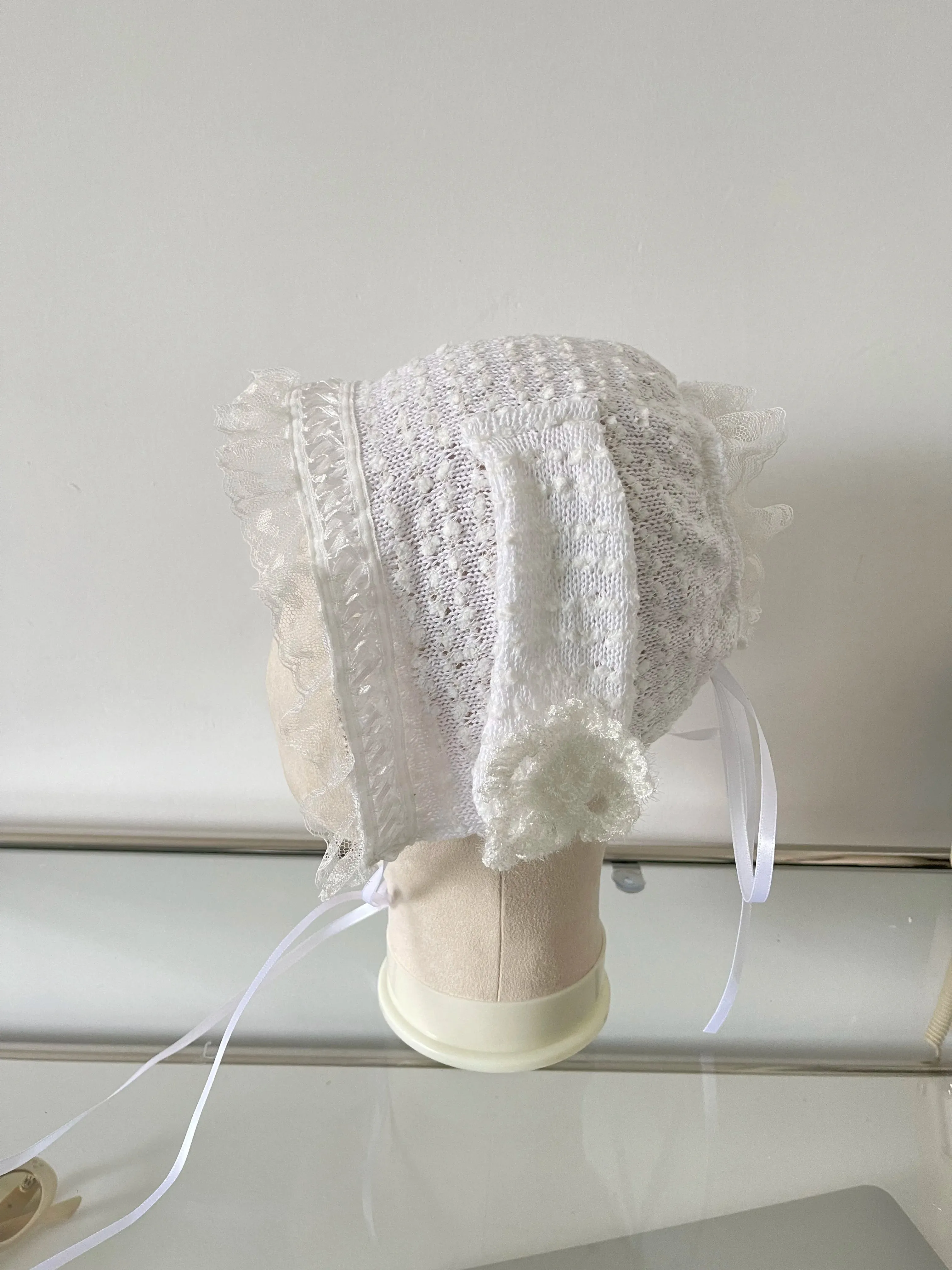 TAVIMART  -  Korean Version Niche White Rabbit Ear Knitted Hat Women Summer Thin Sweet Cute Girl Snowflake Decorative Lace Headscarf Hats