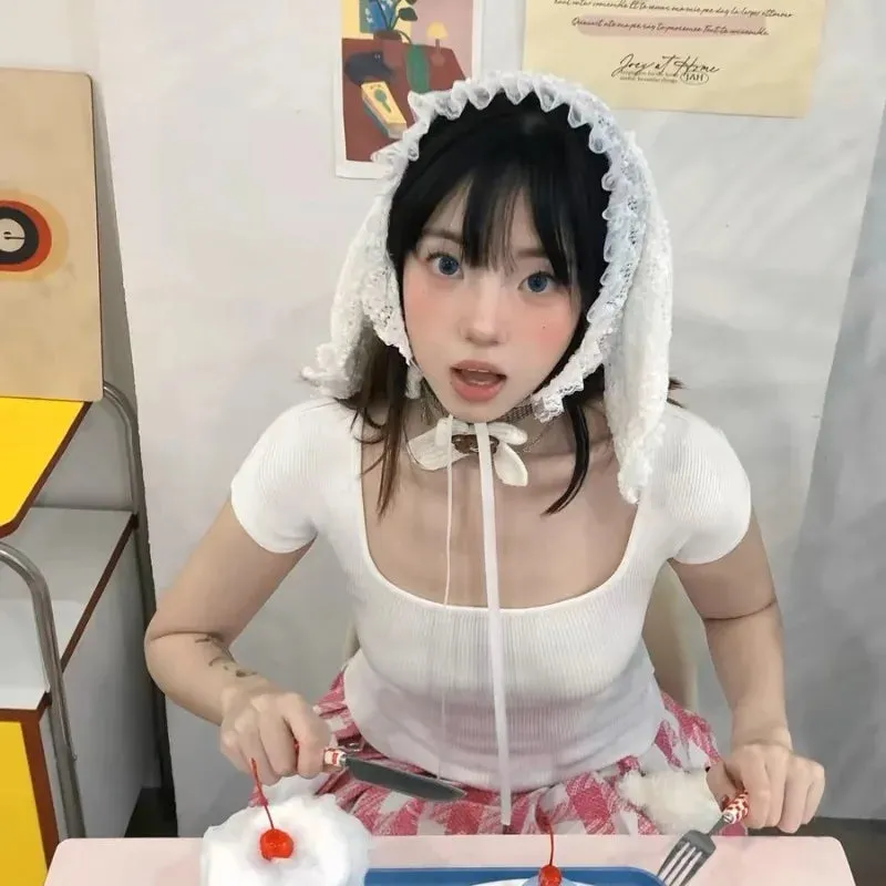 TAVIMART  -  Korean Version Niche White Rabbit Ear Knitted Hat Women Summer Thin Sweet Cute Girl Snowflake Decorative Lace Headscarf Hats