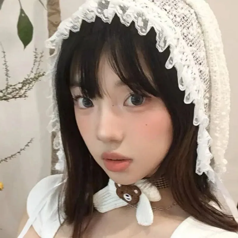 TAVIMART  -  Korean Version Niche White Rabbit Ear Knitted Hat Women Summer Thin Sweet Cute Girl Snowflake Decorative Lace Headscarf Hats