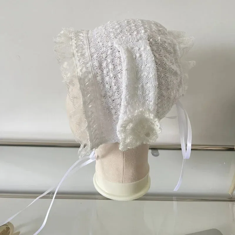 TAVIMART  -  Korean Version Niche White Rabbit Ear Knitted Hat Women Summer Thin Sweet Cute Girl Snowflake Decorative Lace Headscarf Hats