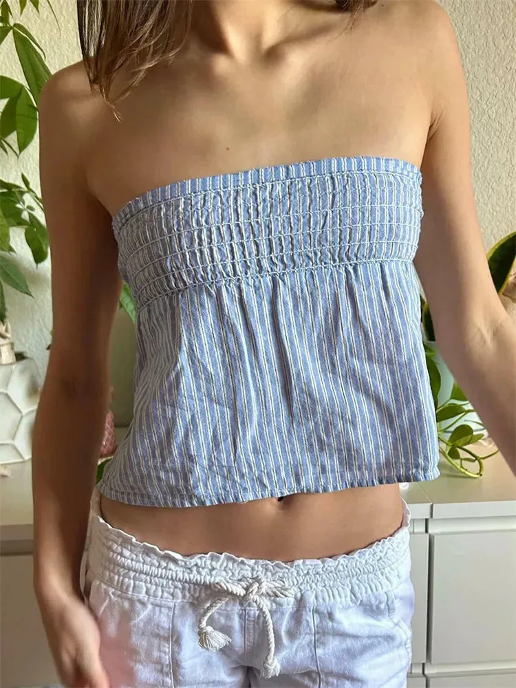 TAVIMART  -  Sexy Women Summer Tube Tops Striped Print Tie-up Bow Off-Shoulder Backless Mini Vest for Streetwear Grunge Tank 2024