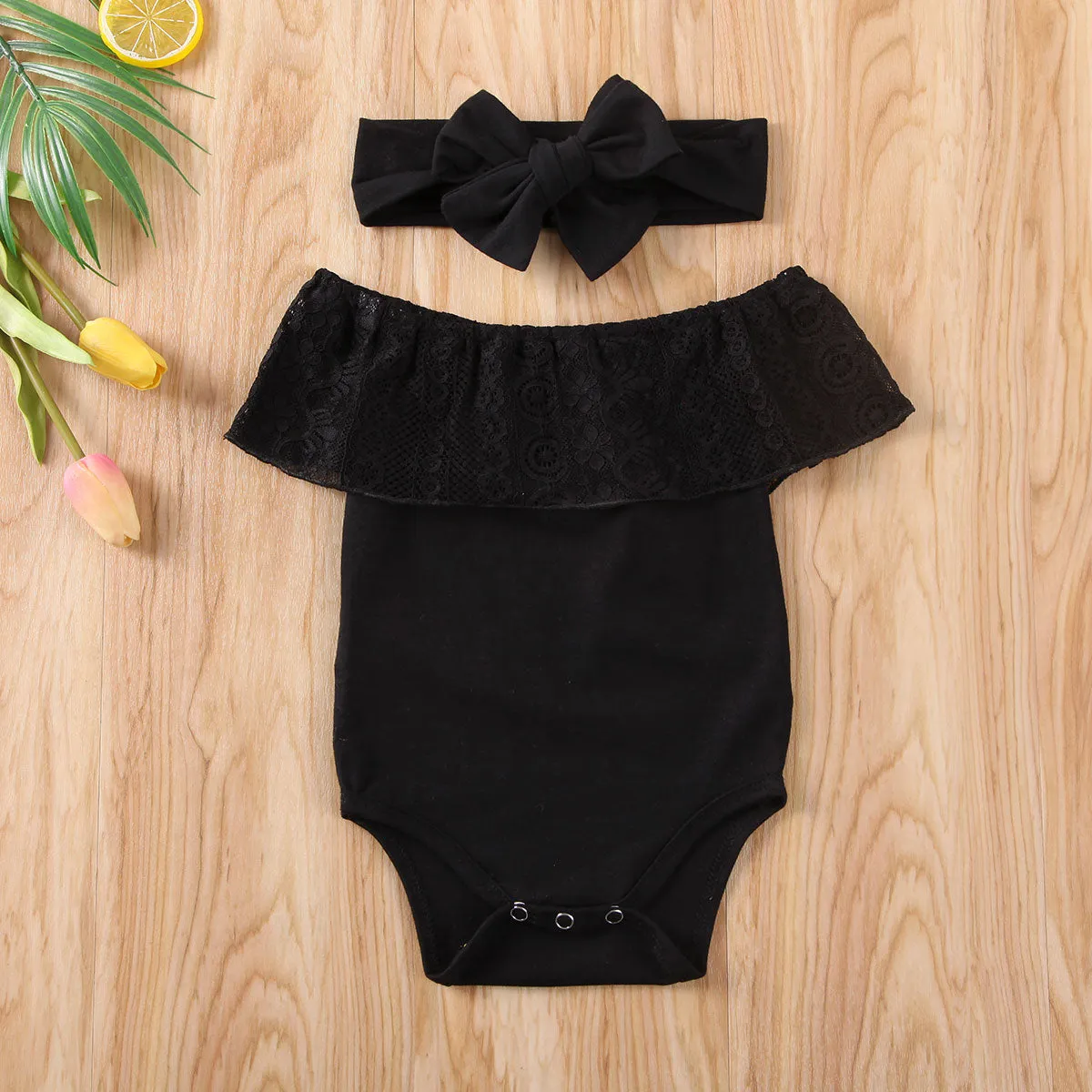 The Baby Wednesday Black Bardot-Lace Romper & Headband