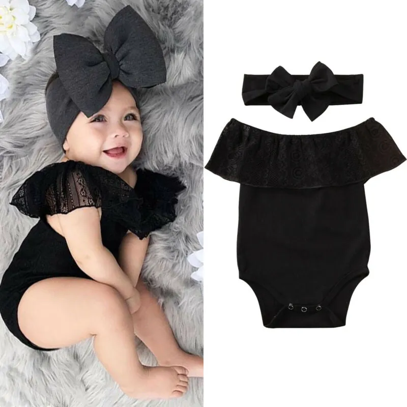 The Baby Wednesday Black Bardot-Lace Romper & Headband