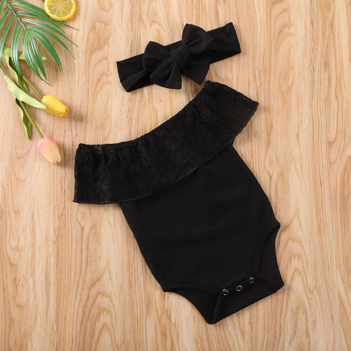 The Baby Wednesday Black Bardot-Lace Romper & Headband