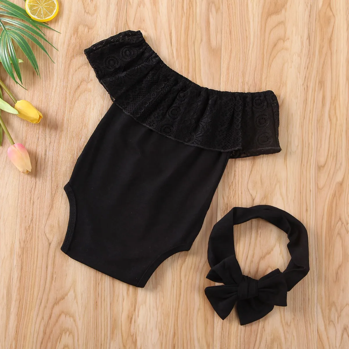 The Baby Wednesday Black Bardot-Lace Romper & Headband