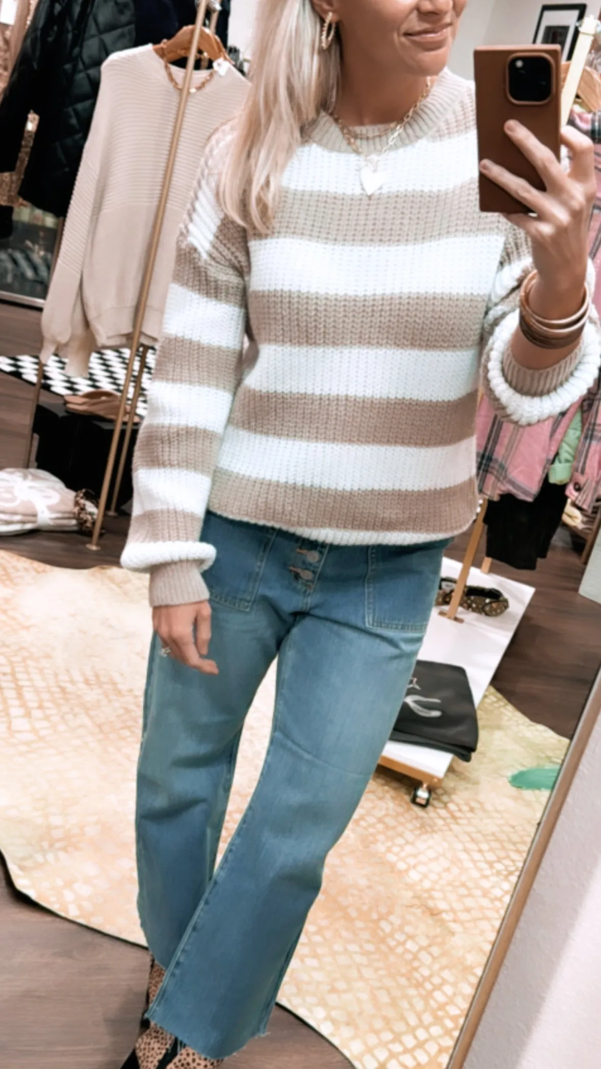 The Layton Sweater in Taupe and White Stripe