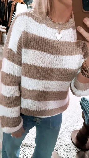 The Layton Sweater in Taupe and White Stripe