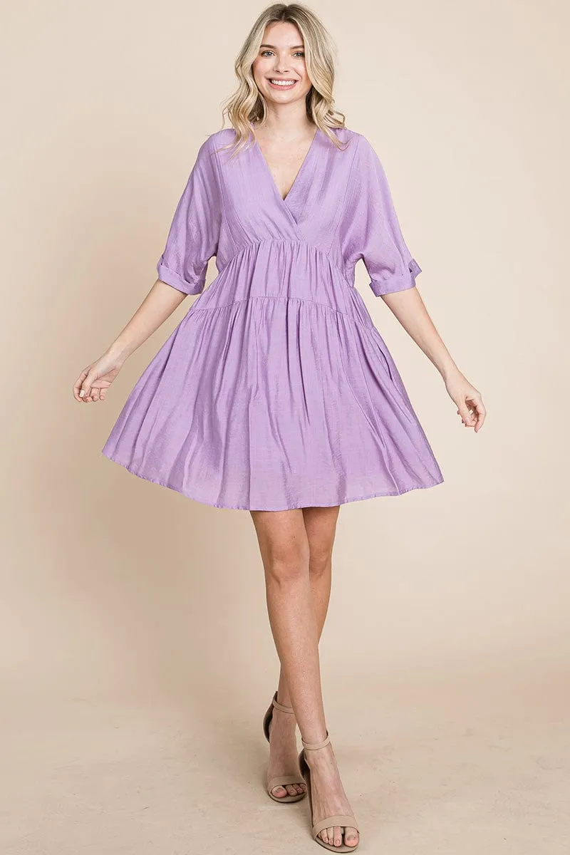 Tiered Dolman Sleeve V neck Babydoll Dress