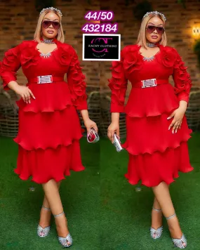 Tiered Raffle Dress Woman Luxury Wedding Church Party Three Quarter belted Dress