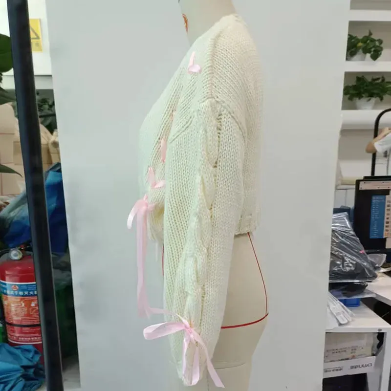 Toleet-Women Autumn Winter Long Sleeve Sweater Y2K Aesthetic Grunge Retro Knitwear Coats Vintage Ribbon Bow Tie Up Knitted Cardigan
