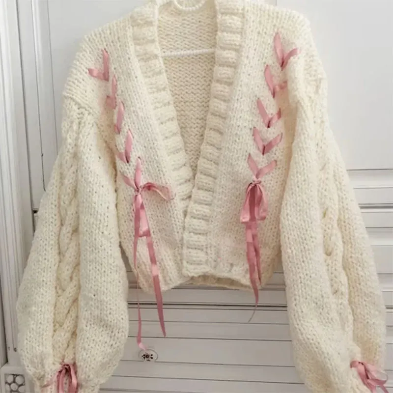 Toleet-Women Autumn Winter Long Sleeve Sweater Y2K Aesthetic Grunge Retro Knitwear Coats Vintage Ribbon Bow Tie Up Knitted Cardigan