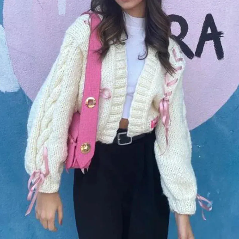 Toleet-Women Autumn Winter Long Sleeve Sweater Y2K Aesthetic Grunge Retro Knitwear Coats Vintage Ribbon Bow Tie Up Knitted Cardigan
