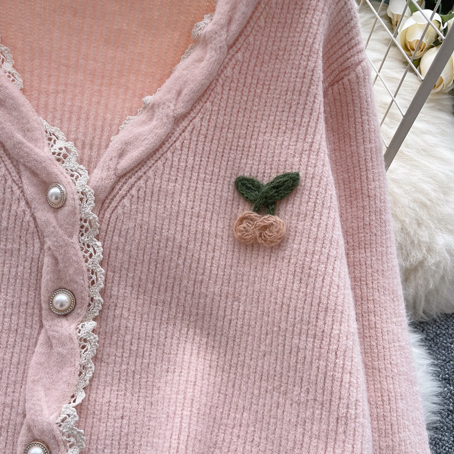 V-neck Sweetie Lace Trim Cardigan