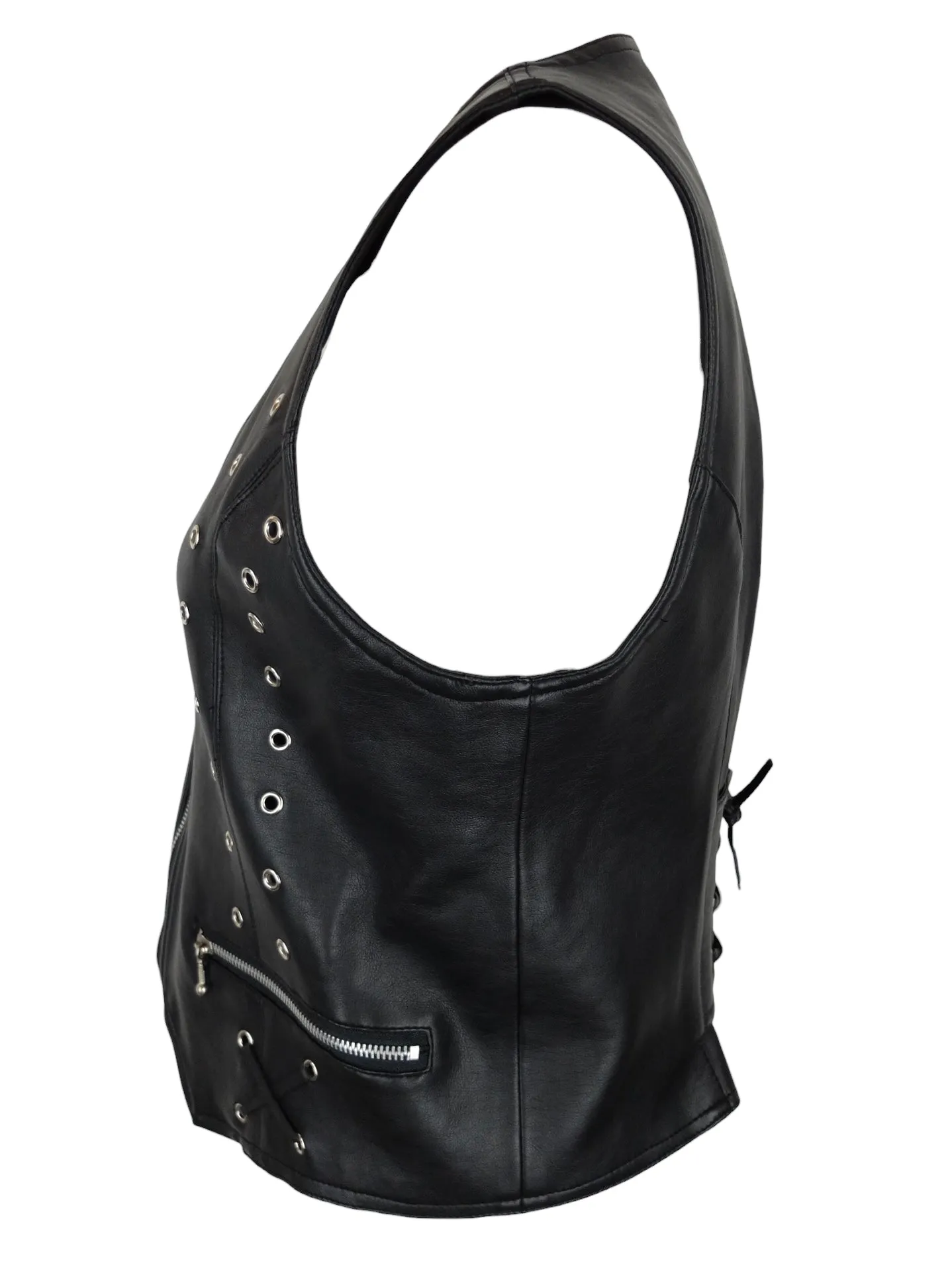 Vintage 90s Y2K Grunge Gothic Black Leather Zip Up V-Neck Moto Waistcoat Vest with Grommets & Back Lace Up Detail