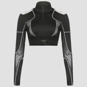 WLS Dark Personality Patchwork Mesh Buckle Cropped Long Sleeve T Shirt
