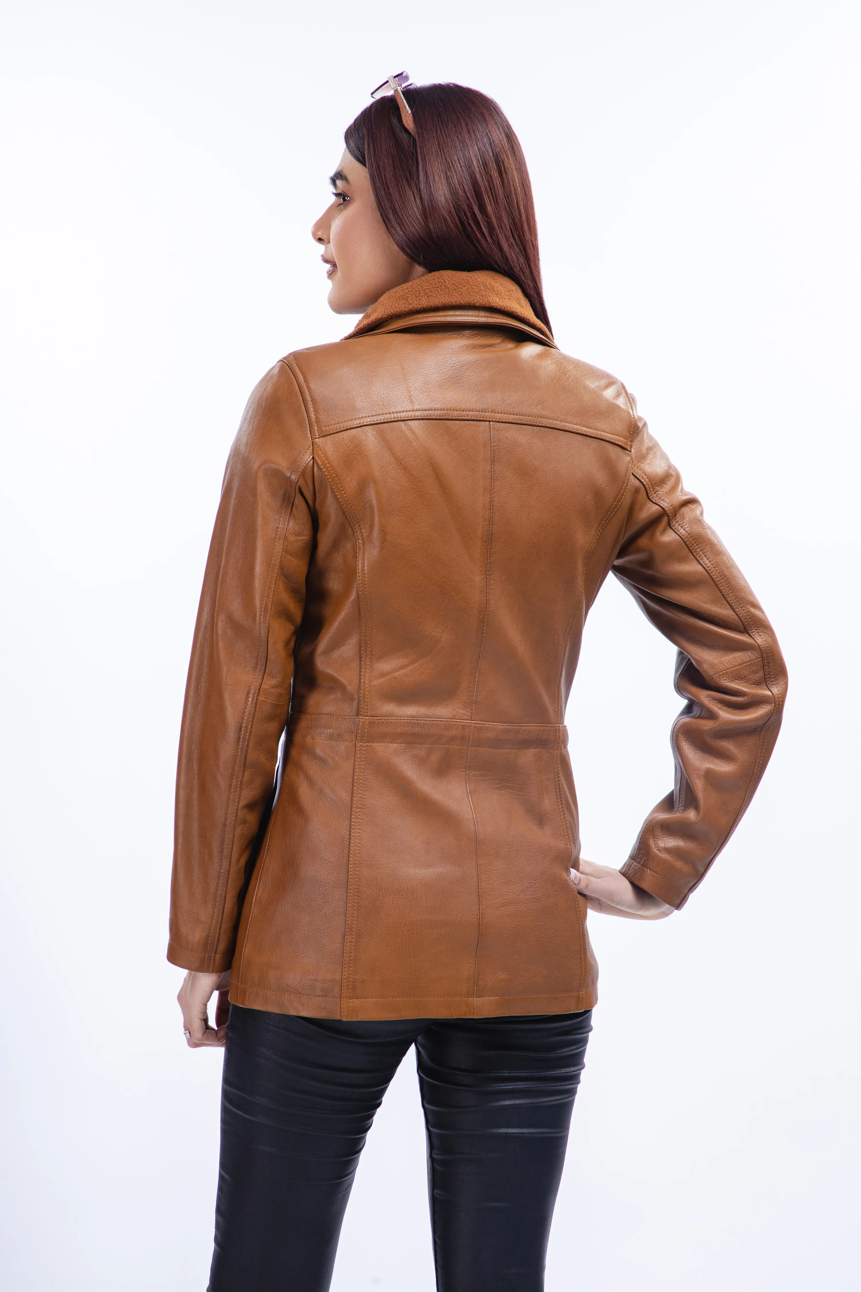 Woman Real Lambskin Camel Brown Three-quarter Leather Coat
