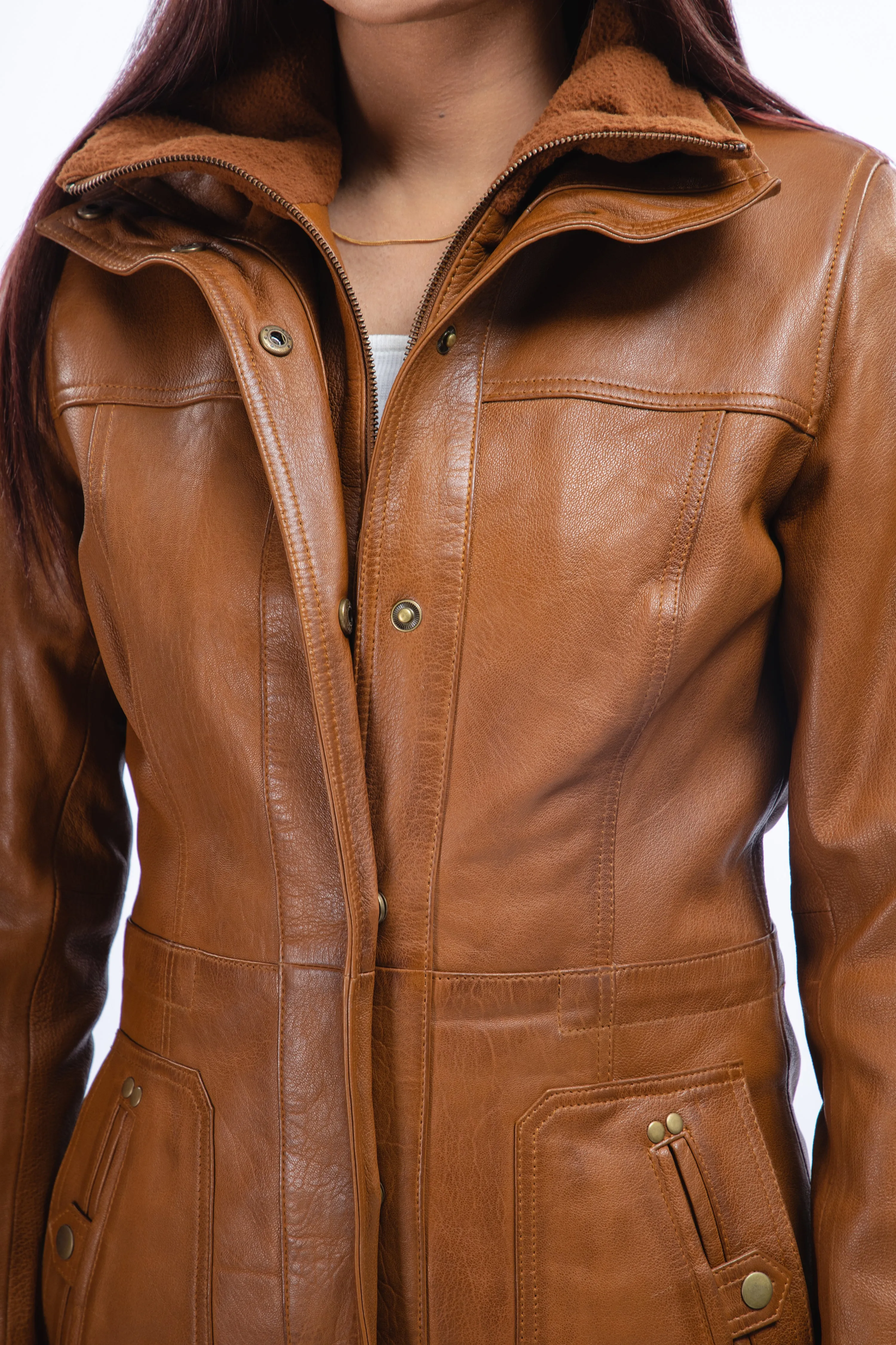 Woman Real Lambskin Camel Brown Three-quarter Leather Coat