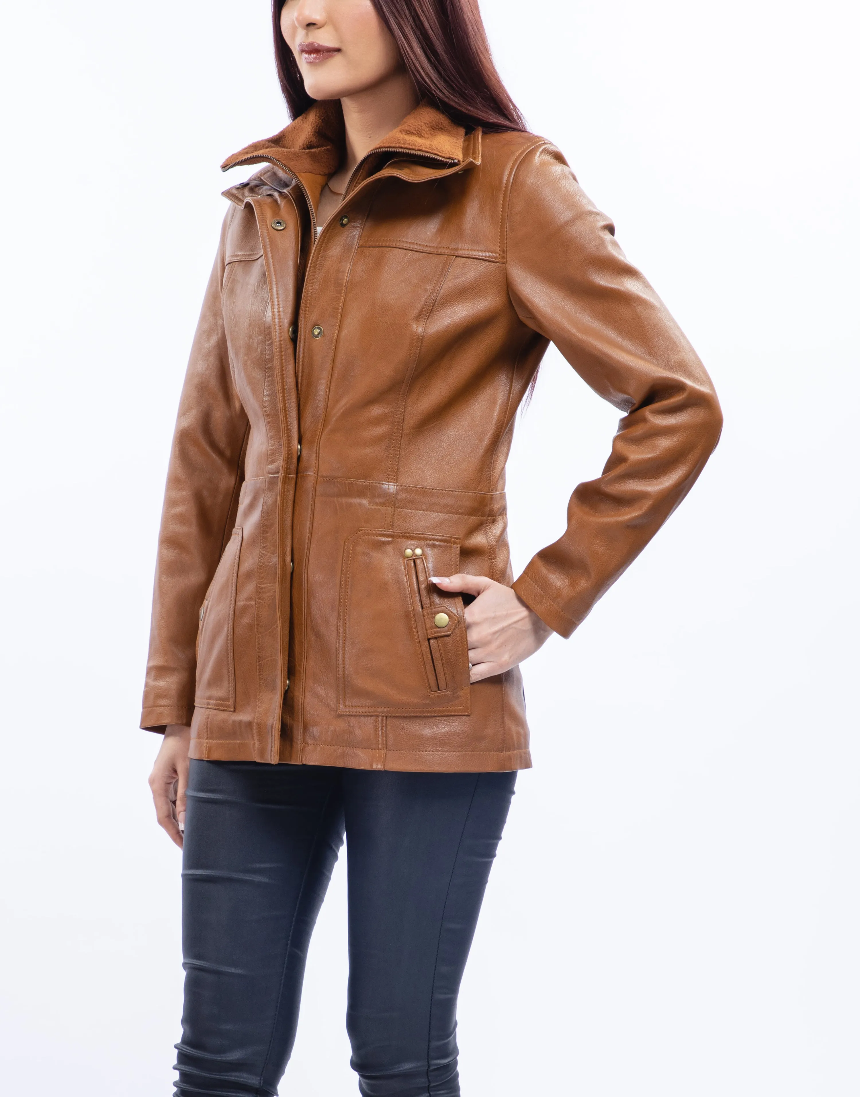 Woman Real Lambskin Camel Brown Three-quarter Leather Coat